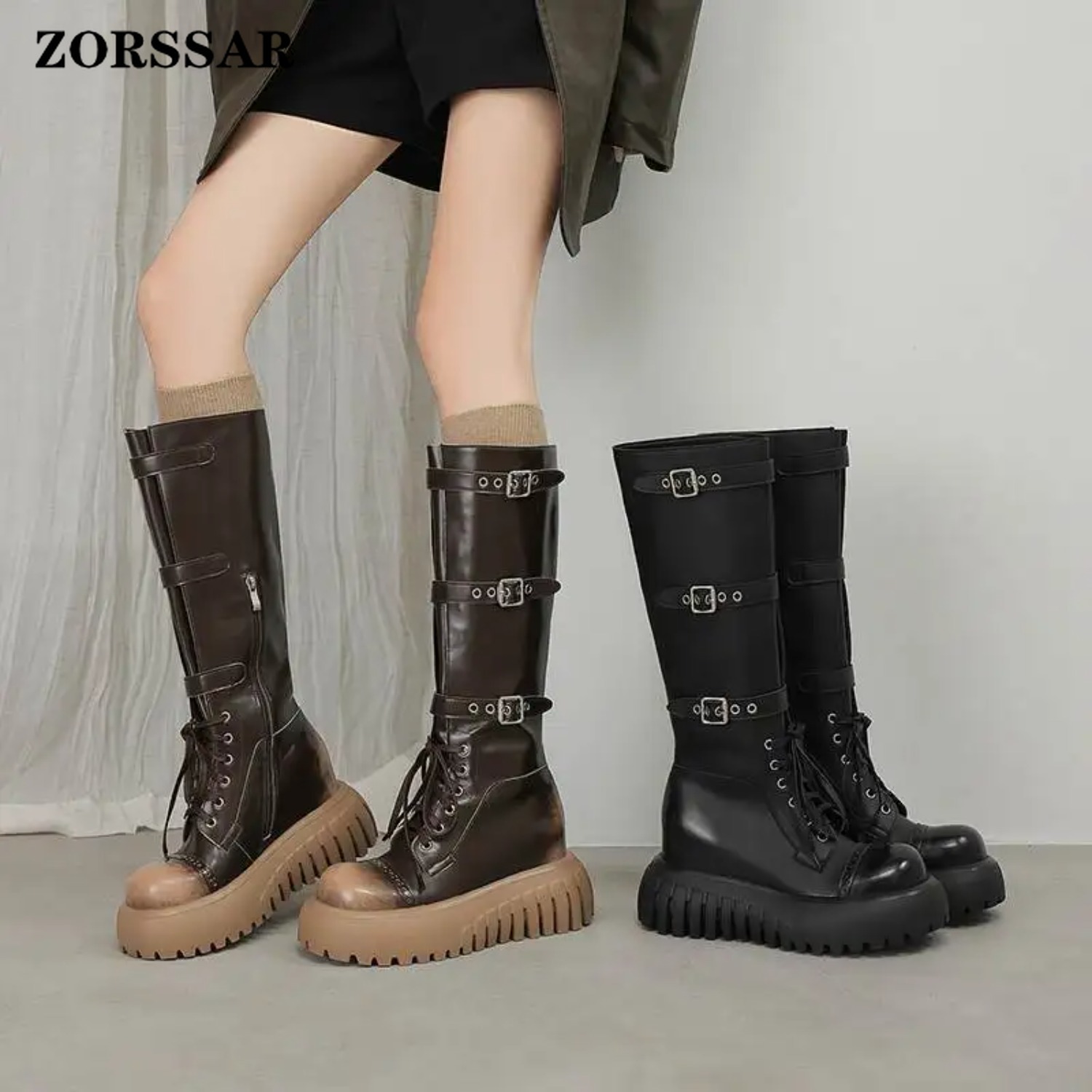 Riding Boot Short - รองเท้าบูทสูงถึงต้นขาแบบพื้นเรียบสไตล์พังก์ ปี 2027 ทำจากหนังวัวแท้ หัวรองเท้าทรงกลม พื้นหนา