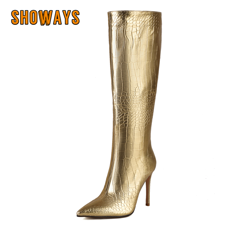 Riding Boot Short - เงินเงาทองผู้หญิงเข่ารองเท้าบูทสูง Stiletto ส้นหนังจระเข้ Faux Party Club