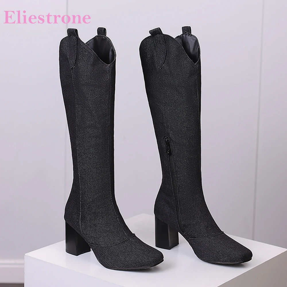 Riding Boot Short - ฤดูหนาวใหม่สีดําสีฟ้าผู้หญิงเข่าสูงรองเท้าขี่ร้อนรอบ Toe รองเท้าส้นสูง Lady Casual รองเท้าขนาดใหญ่ขนาด