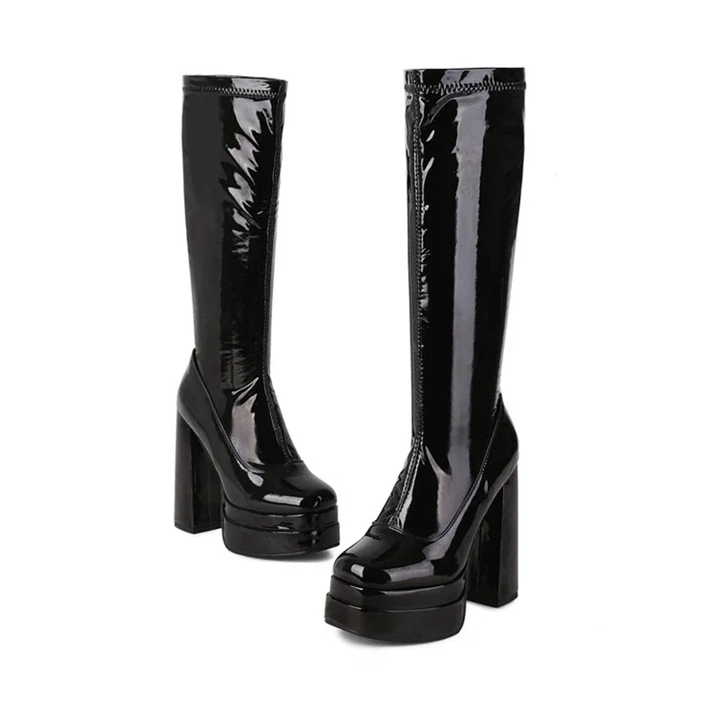 Riding Boot Short - รองเท้าบูทสูงถึงเข่า ผู้หญิง หนังแก้ว ส้นสูงมาก ซิปด้านข้าง ฤดูหนาว