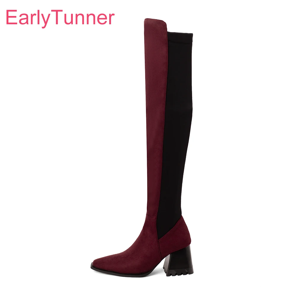 Riding Boot Short - รองเท้าบูทสูงถึงต้นขาสีไวน์แดงดำสำหรับผู้หญิง สไตล์เซ็กซี่ ส้นสูงทรงเหลี่ยม เหมาะสำหรับใส่ทำงาน มีไซส์ใหญ่พิเศษ 10