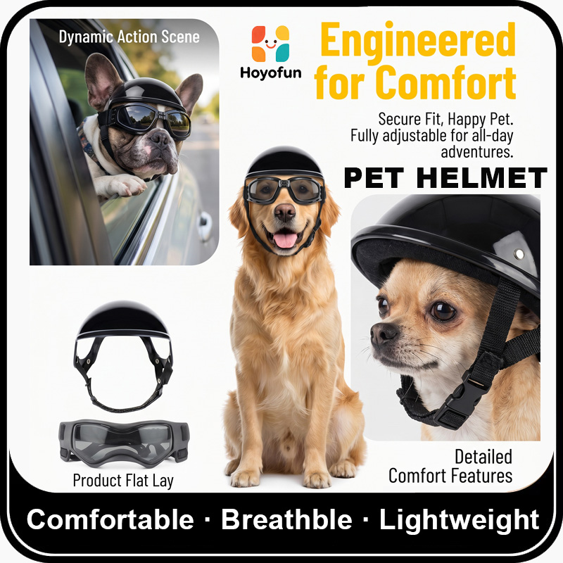 Motorcycle Gear Dogs - ชุดแว่นตาหมวกกันน็อคมอเตอร์ไซค์สำหรับสุนัข, อุปกรณ์เดินทางผจญภัยกลางแจ้ง, อุปกรณ์ประกอบฉากถ่ายรูปสัตว์เลี้ยงน่ารักสำหรับการตั้งแคมป์, ป้องกันรังสียูวีและลม